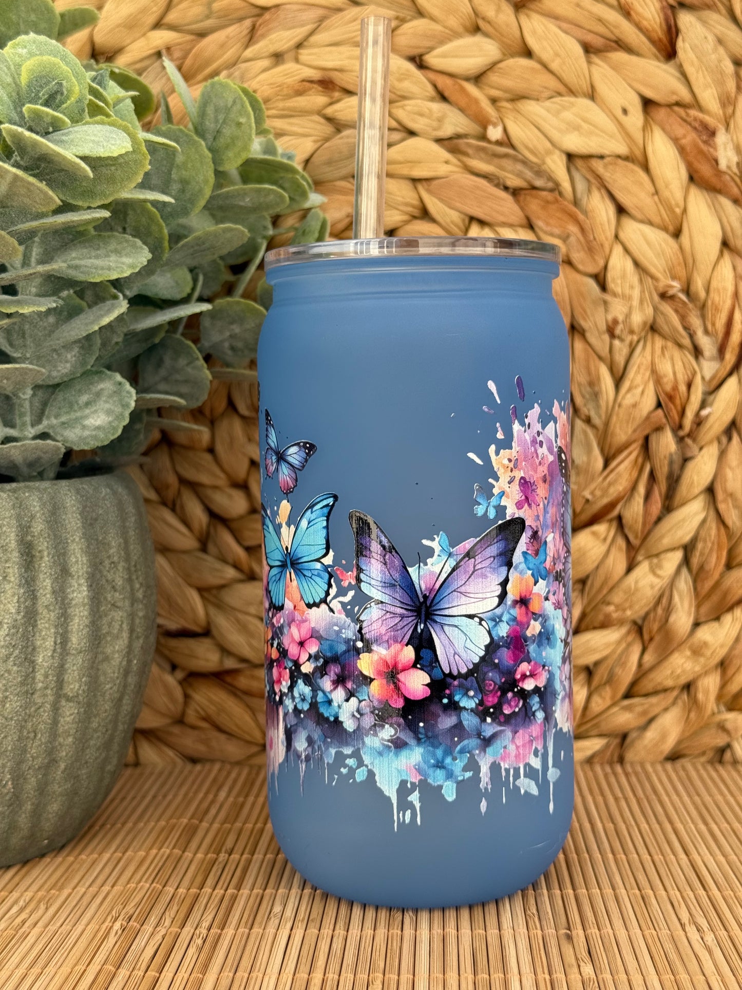 Midnight Bloom & Butterflies Frosted Tumbler - Lid & Straw 16oz (455ml)