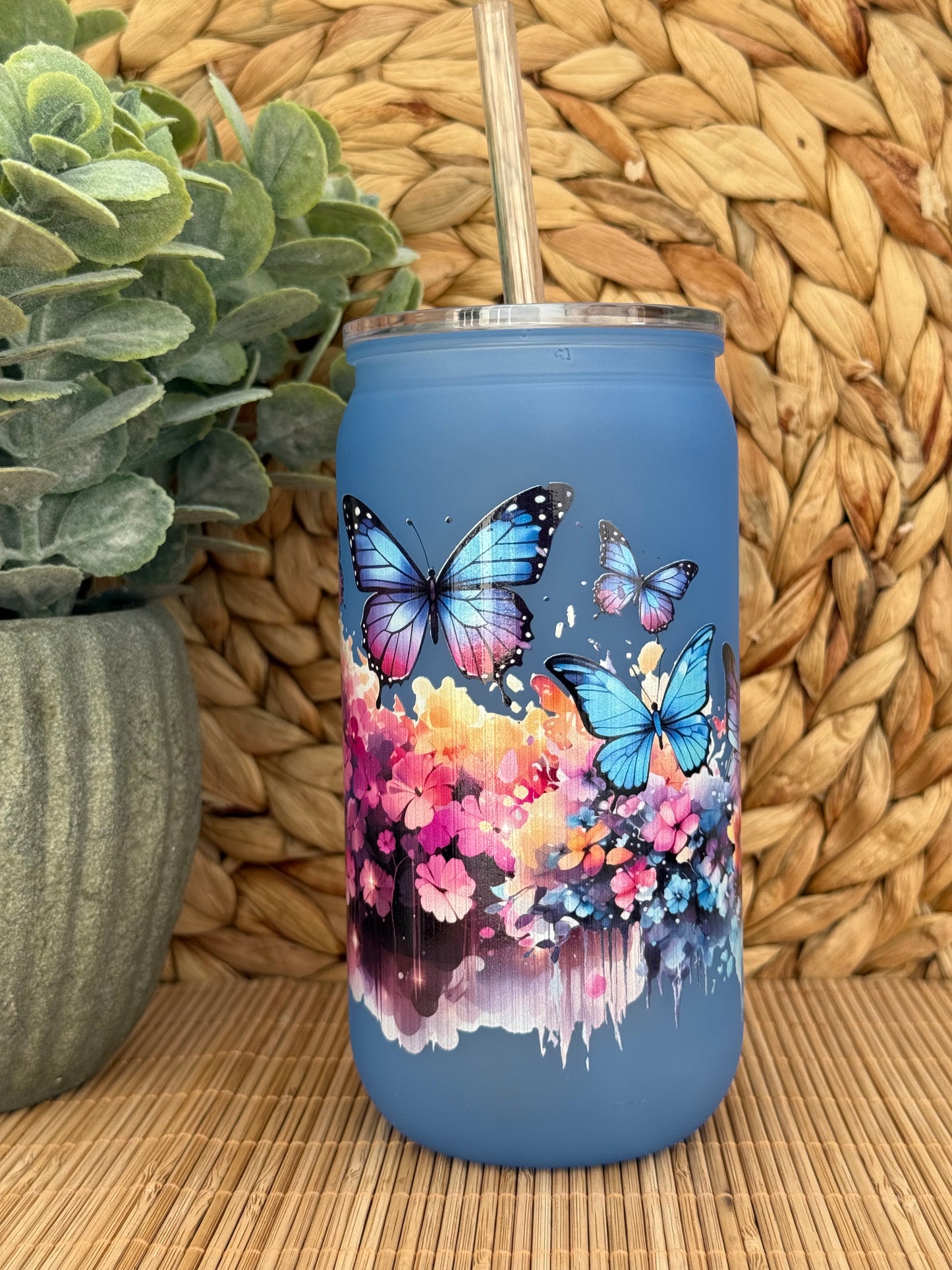 Midnight Bloom & Butterflies Frosted Tumbler - Lid & Straw 16oz (455ml)