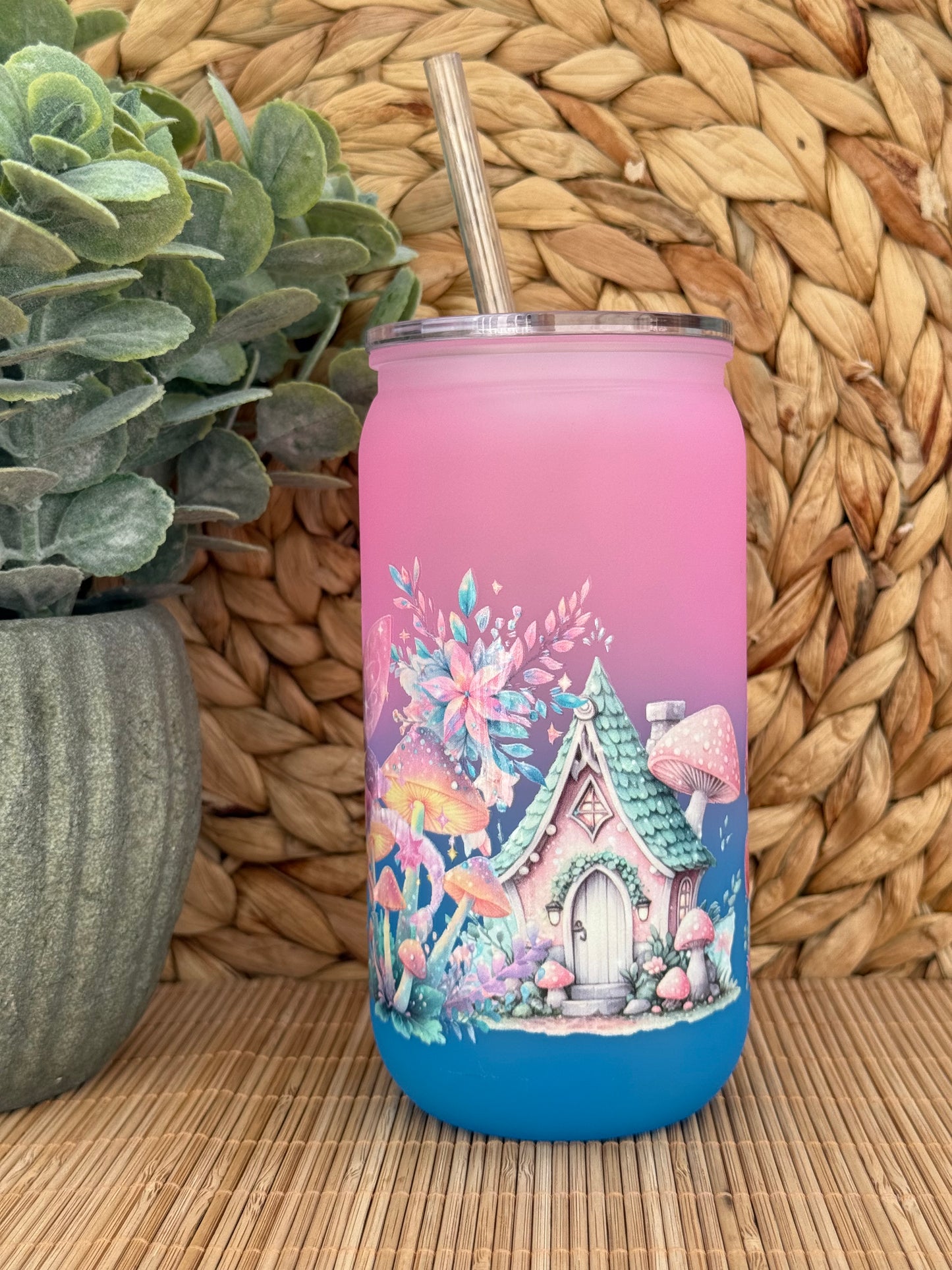 Enchanted Fairy Village Frosted Tumbler with Lid & Straw 16oz (455ml)