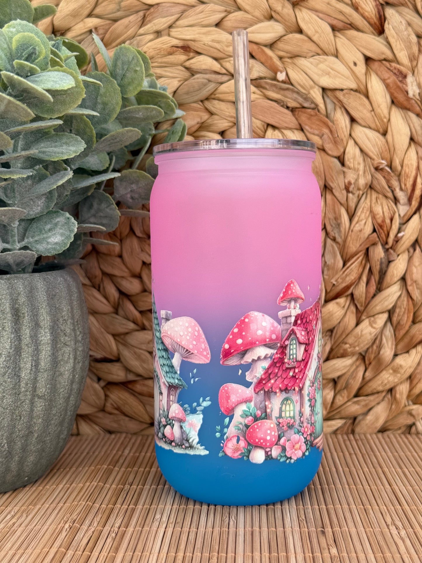 Enchanted Fairy Village Frosted Tumbler with Lid & Straw 16oz (455ml)